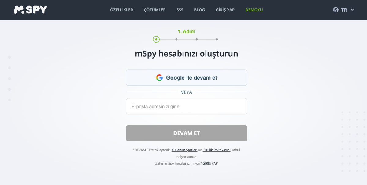 mSpy hesabınızı oluşturun